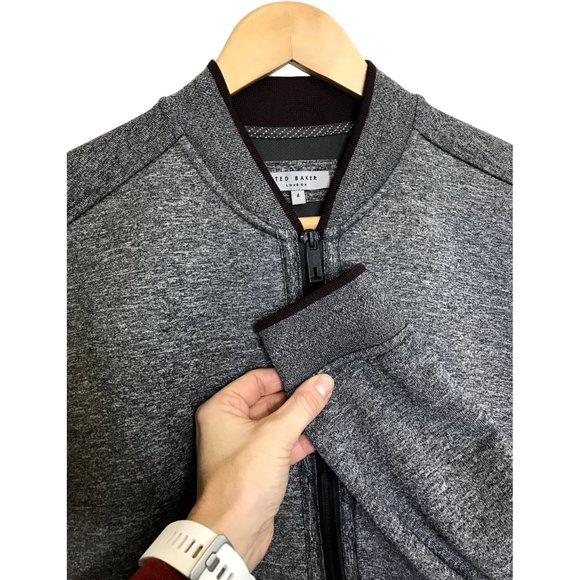 SOLD Ted Baker Gray Front Zip Jacket With Burgundy Trim Size 4 EUC - Picture 6 of 12